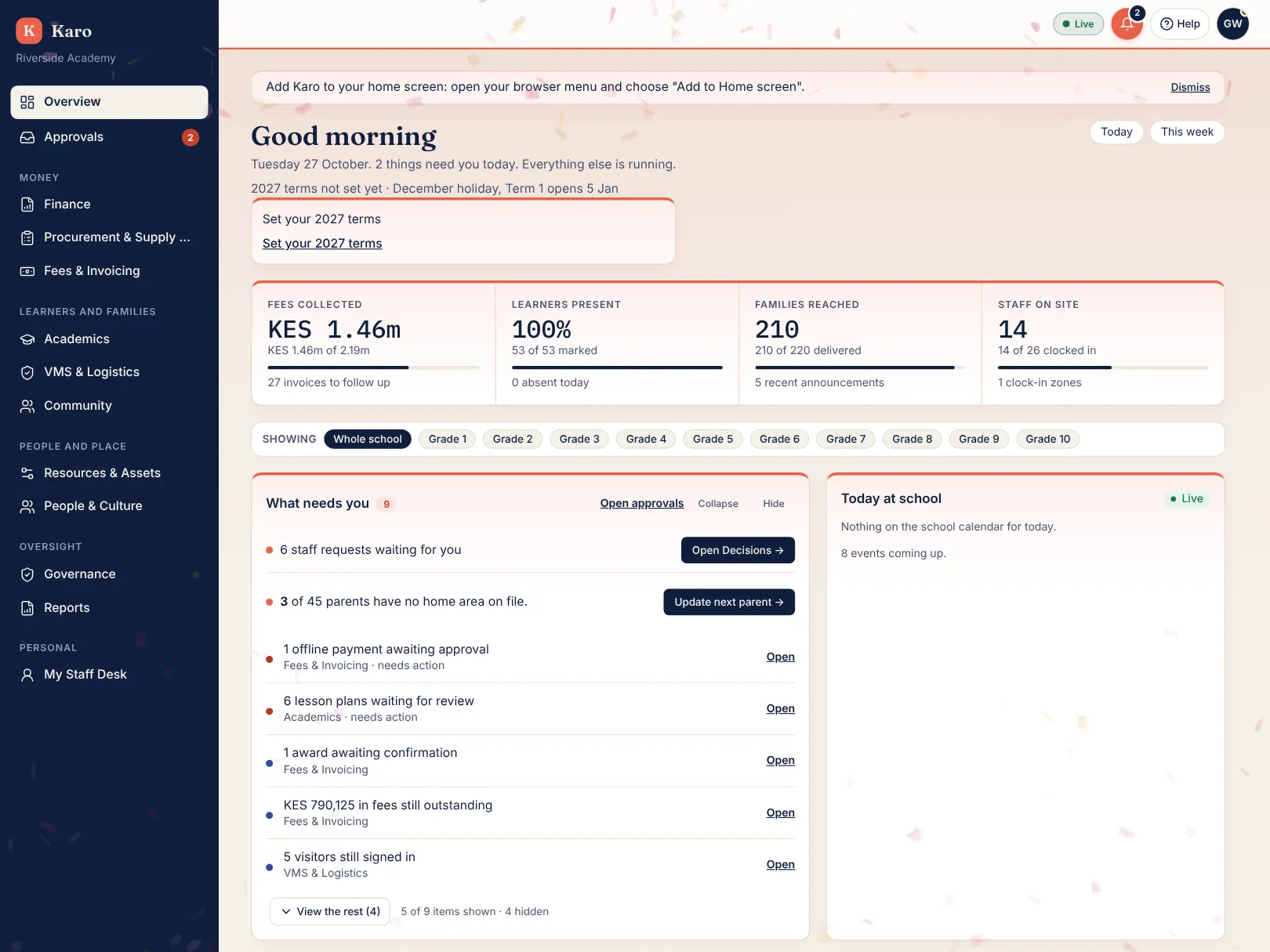 Riverside Academy's current Dashboard, with separate My Staff Desk navigation and live school-area summaries.